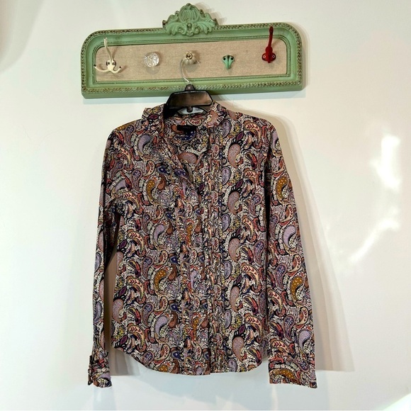 J. Crew Art Fabric Popover Top Paisley Cotton Band Collar Boho button down shirt - Picture 2 of 8